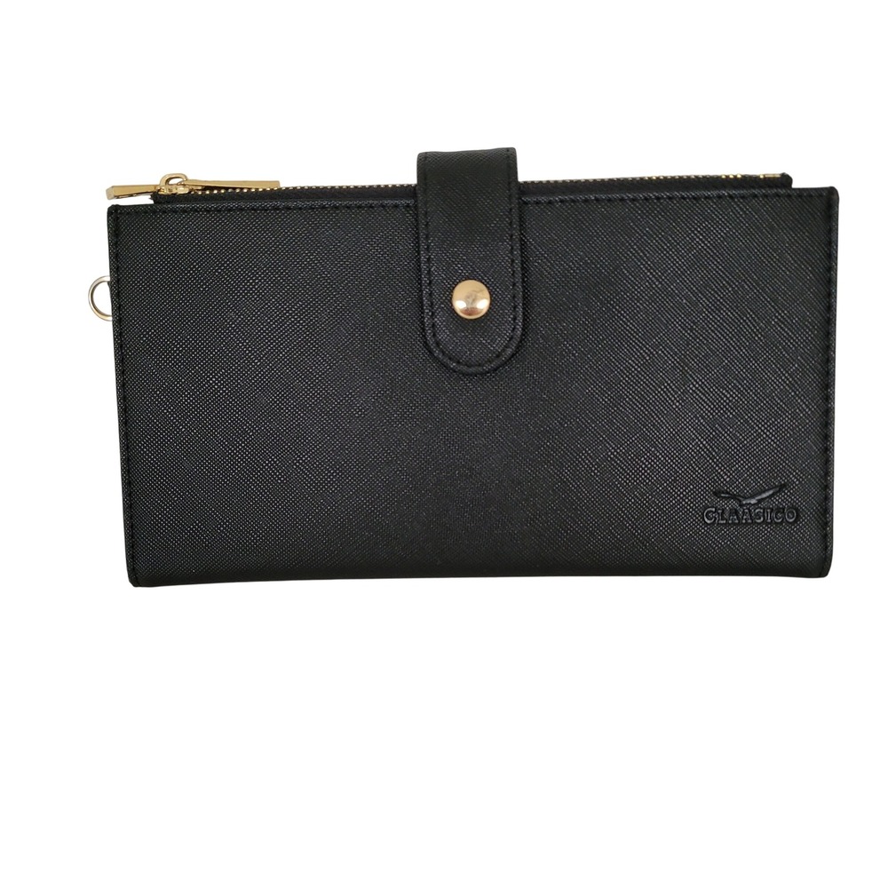 Classico Black Saffiano Bifold Wallet Gold Hardware Zip Pockets ID Window Large